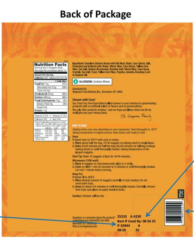 Recalled Wegmans chicken - back of package